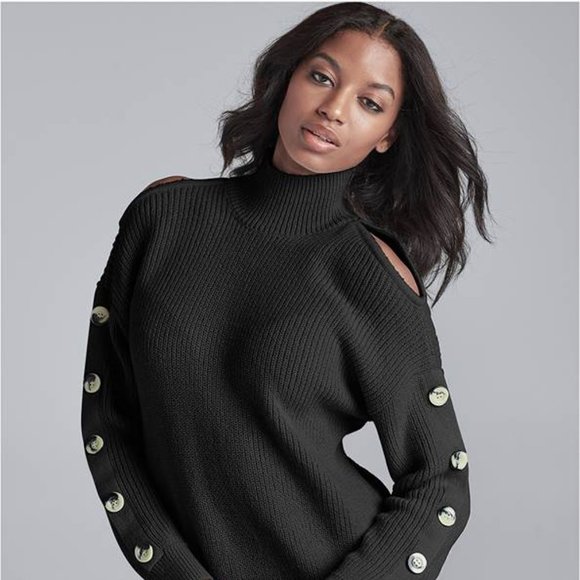 VENUS Sweaters - (V84) Venus Women’s Black Cold Shoulder Sweater Medium Long Sleeve Button Detail